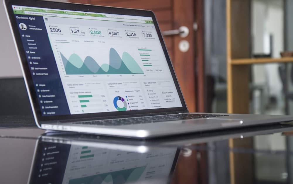 A performance dashboard with charts open on a laptop