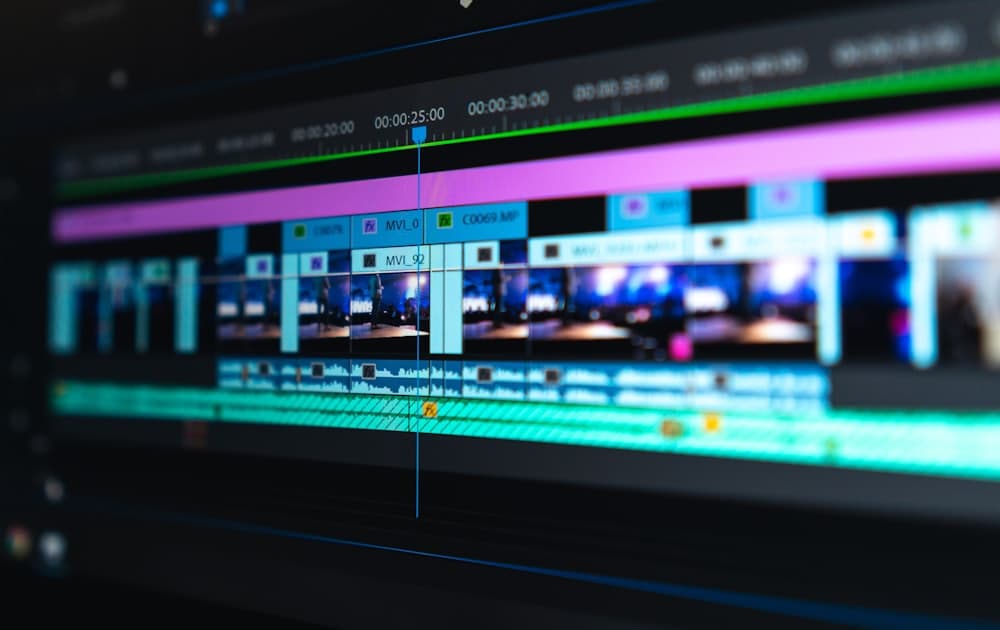 A video editing timeline with video and audio tracks on screen